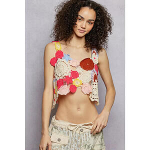 POL Openwork Floral Cropped Crochet Cami
